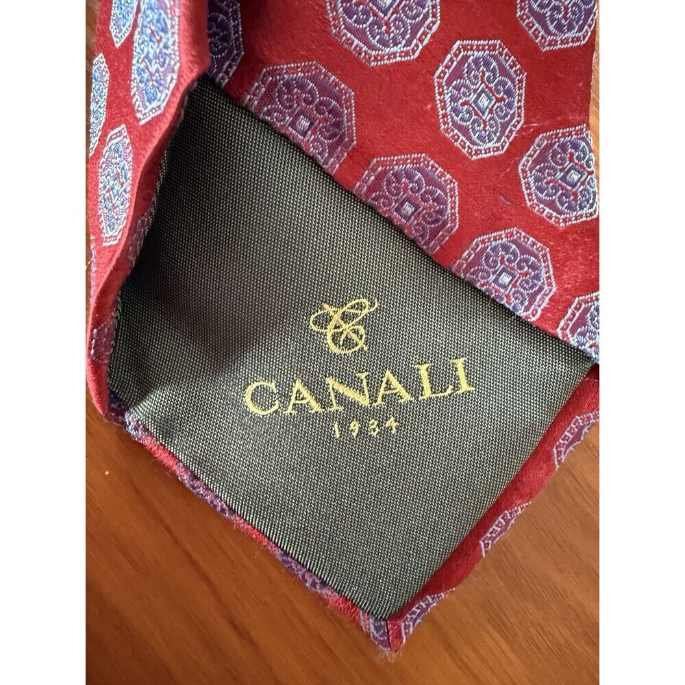 Canali Recent Red Tie - Blue Black Floral Medallion Pattern 100% Silk Italy Tie - Picture 4 of 5